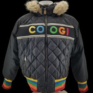 COOGI Vintage Womens Puffer Hooded Coat Jacket Black Rainbow Embroidered 3X